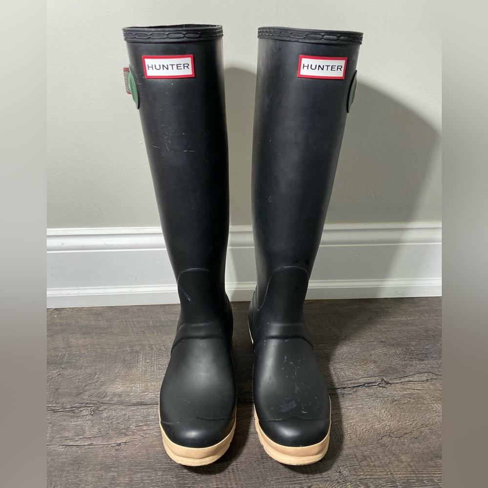 Hunter Black Tall Rain Boots with Tan Soles
